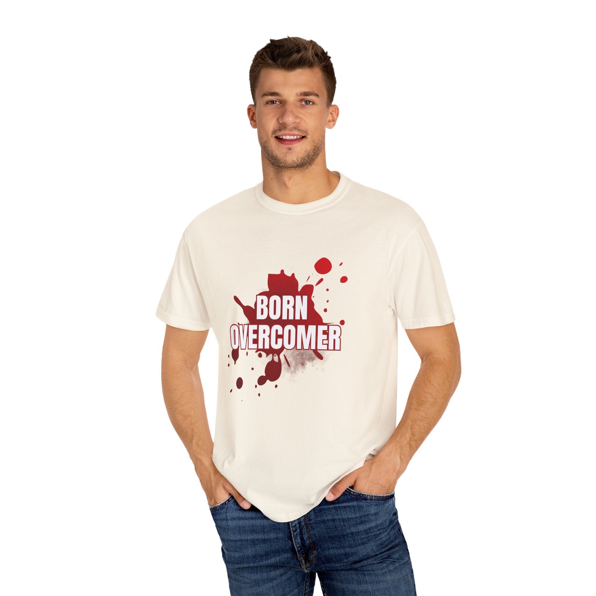 Collection of Born Overcomer Unisex Garment-Dyed T-shirt - Inspirational Tee for Motivated Individuals in a gallery layout