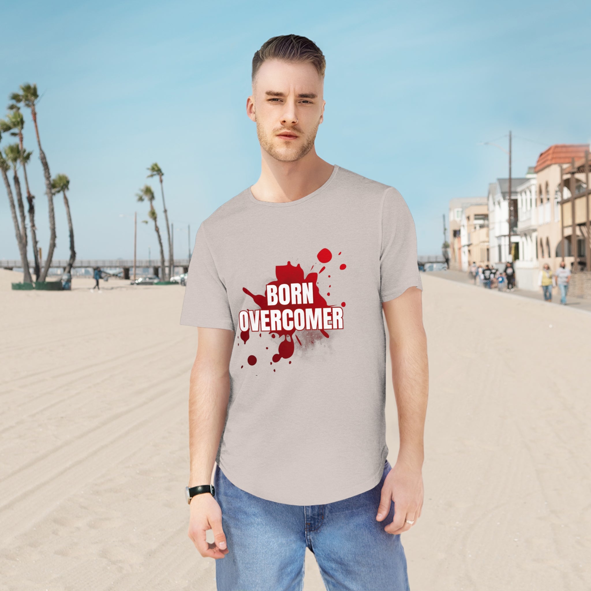 Collection of Born Overcomer Men's Jersey Curved Hem Tee - Inspirational Graphic Tee in a gallery layout