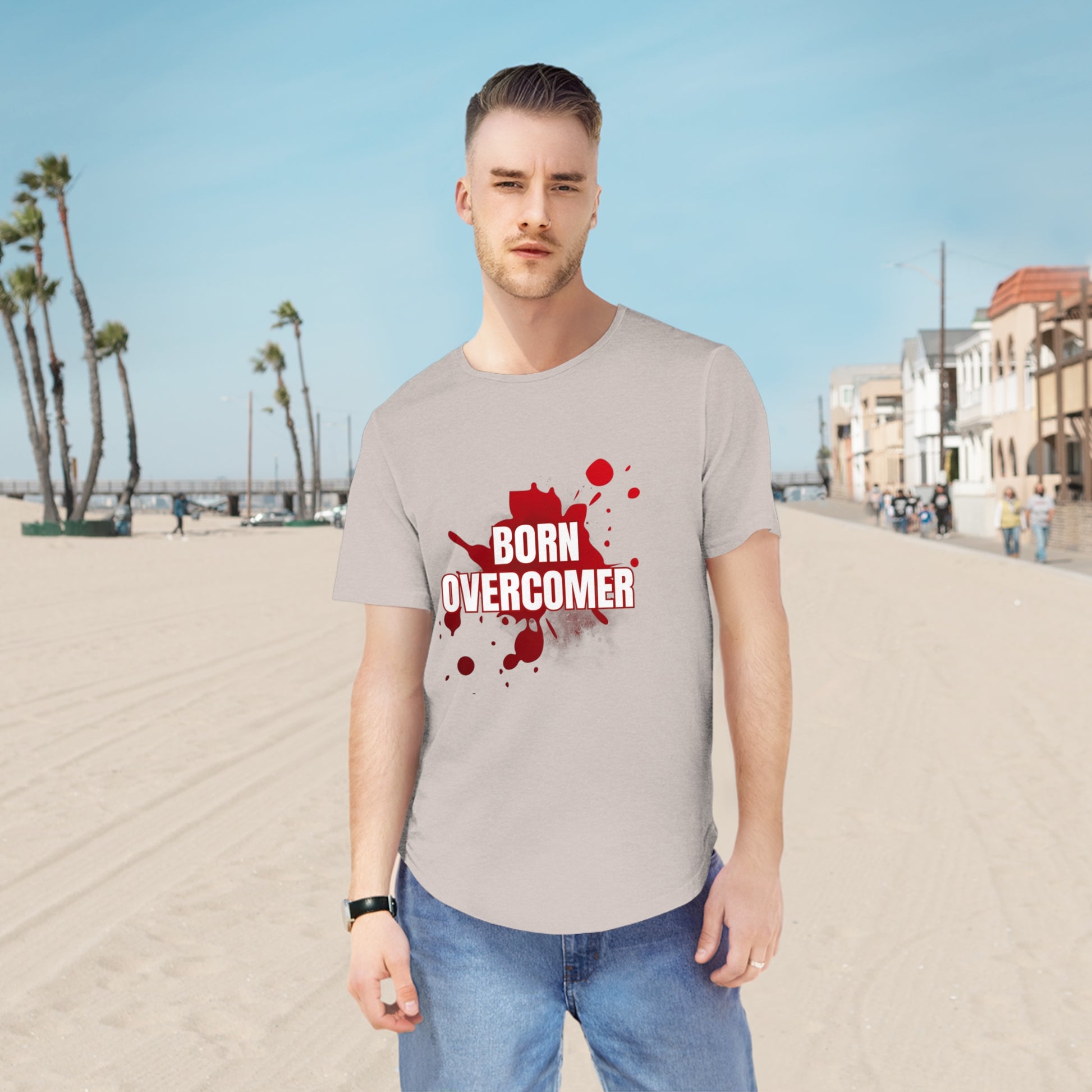 Born Overcomer Men's Jersey Curved Hem Tee - Inspirational Graphic Tee