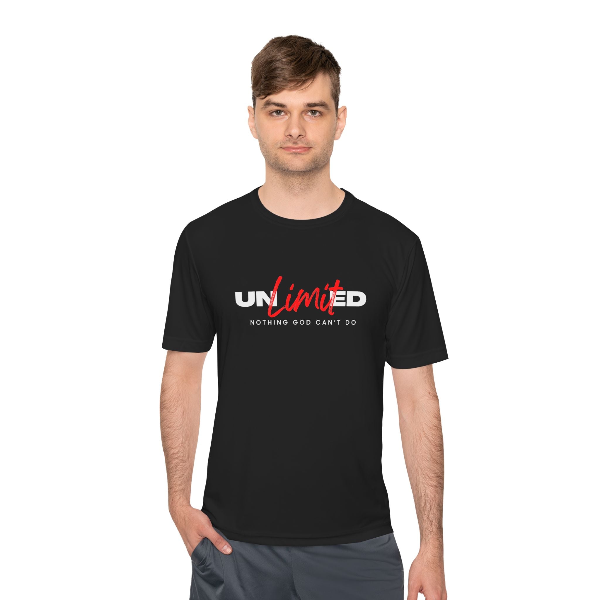 Collection of Unisex Moisture Wicking Tee - 'Unlimited' Inspirational Sportswear in a gallery layout