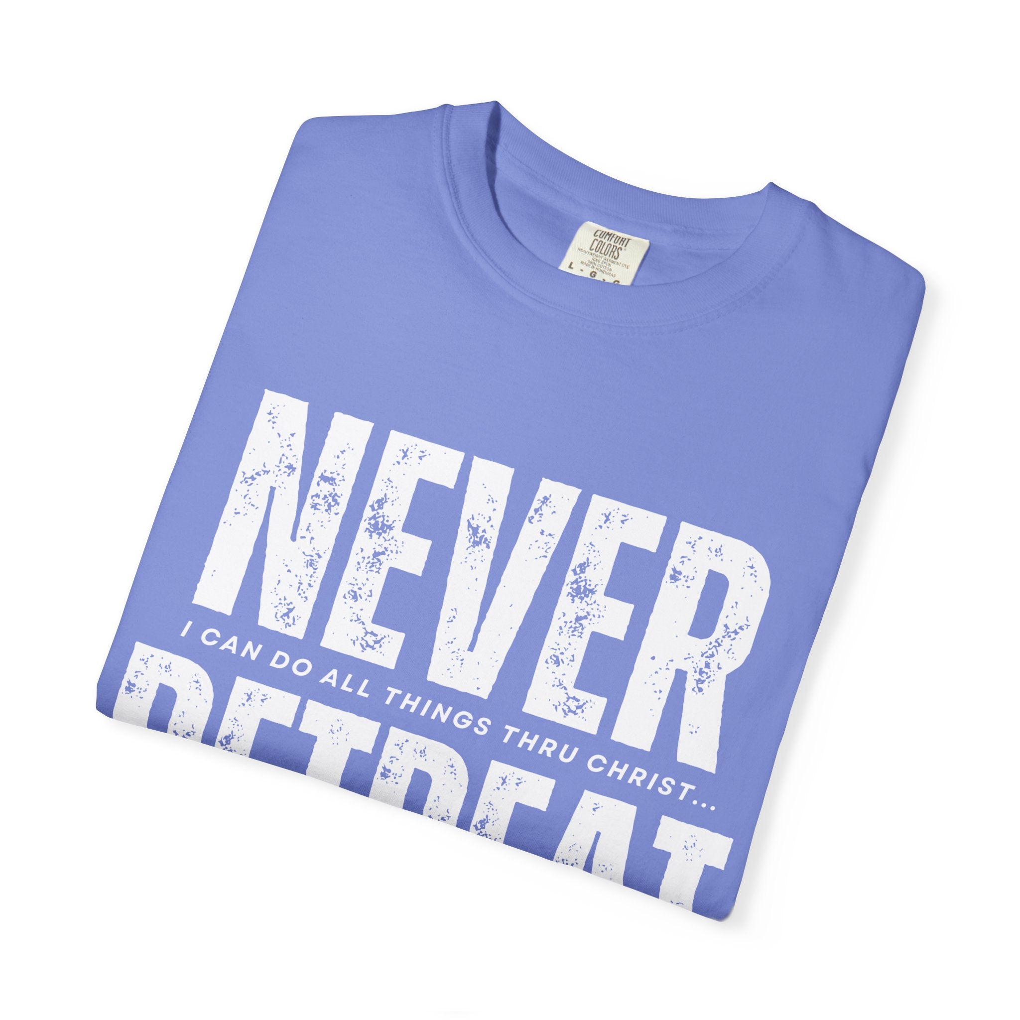 Collection of Never Retreat Shirt for Everyday Wear, Stylish Graphic Tee, Perfect for Gifts, Summer Outfits, Celebrations in a gallery layout