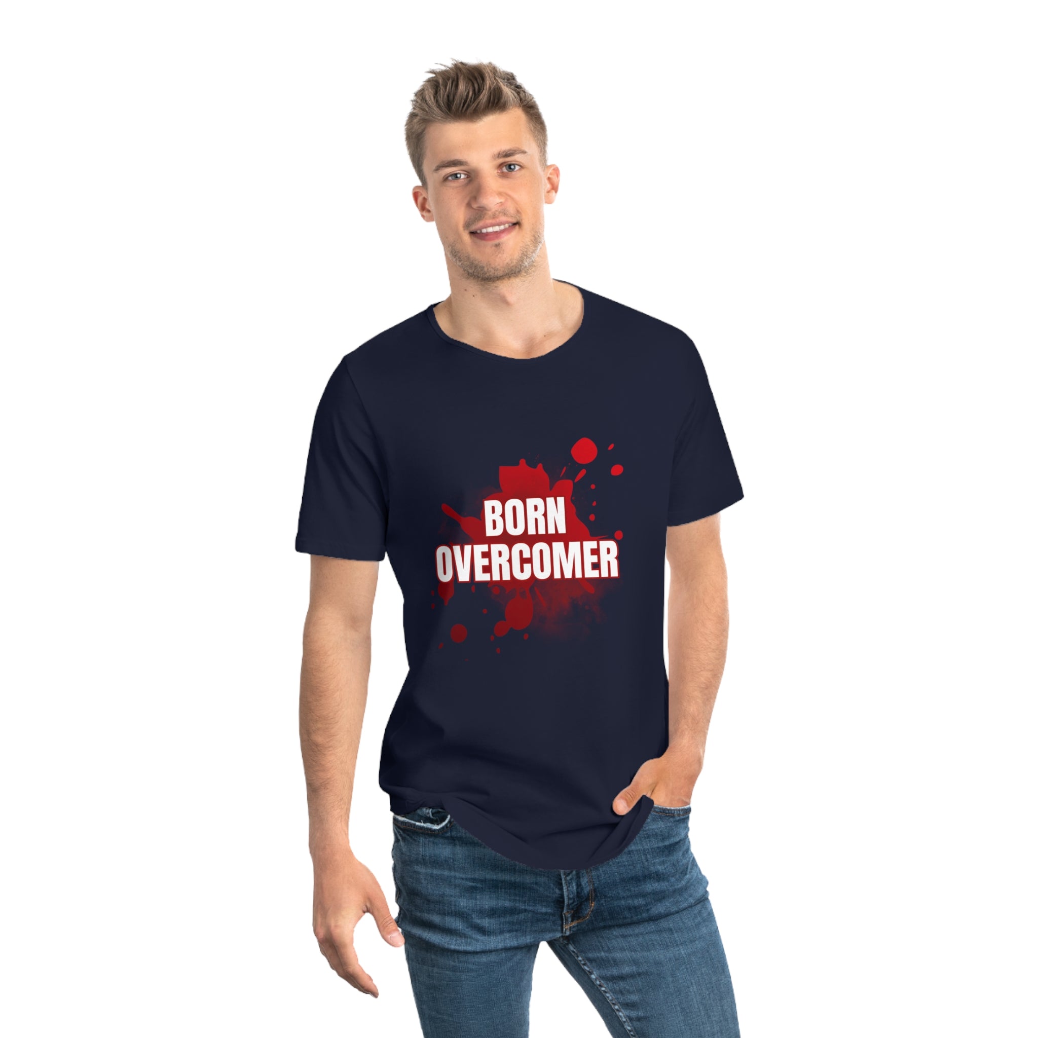 Collection of Born Overcomer Men's Jersey Curved Hem Tee - Inspirational Graphic Tee in a gallery layout
