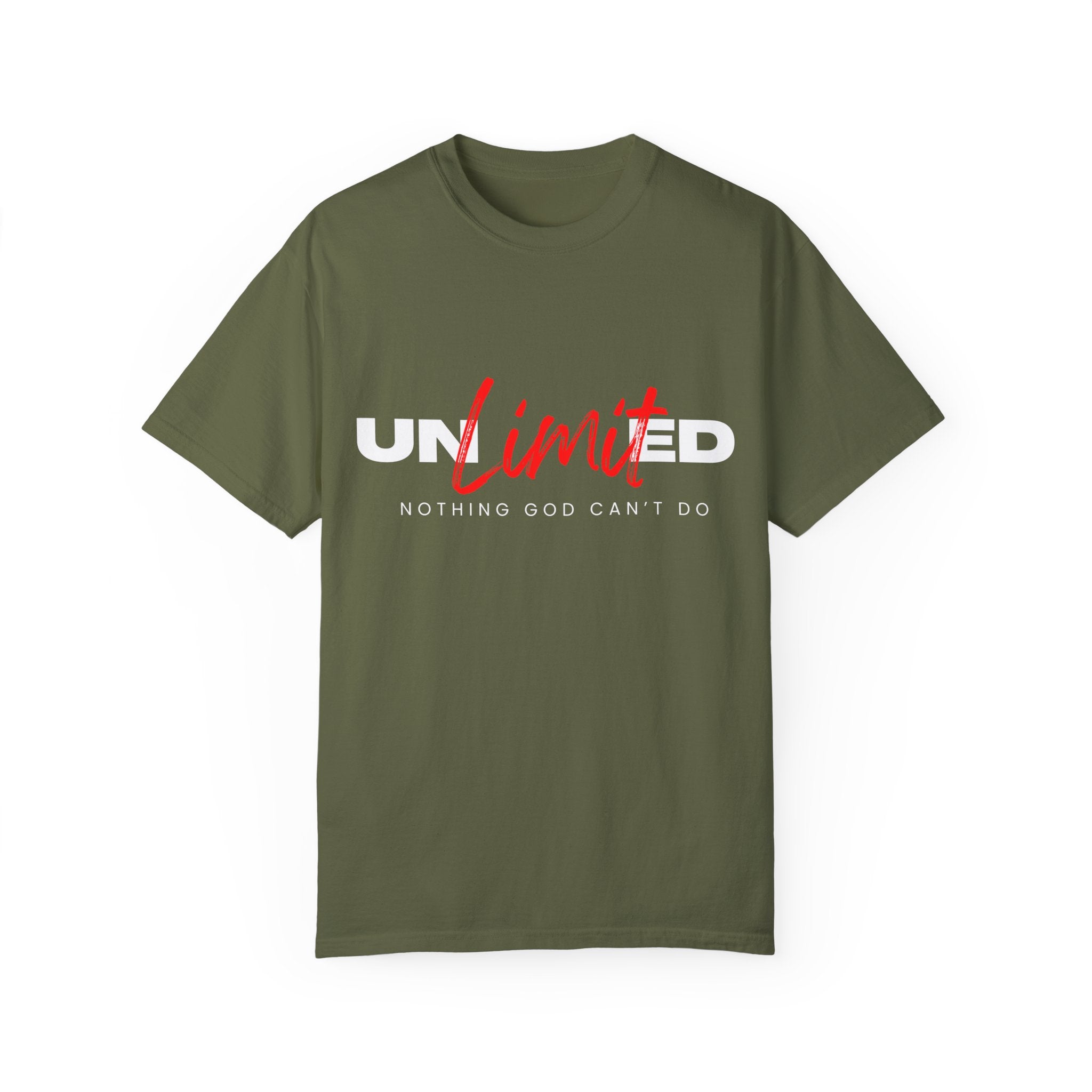 Collection of Unisex Garment-Dyed T-Shirt - "UNLIMITED: Nothing God Can’t Do" Inspirational Tee in a gallery layout