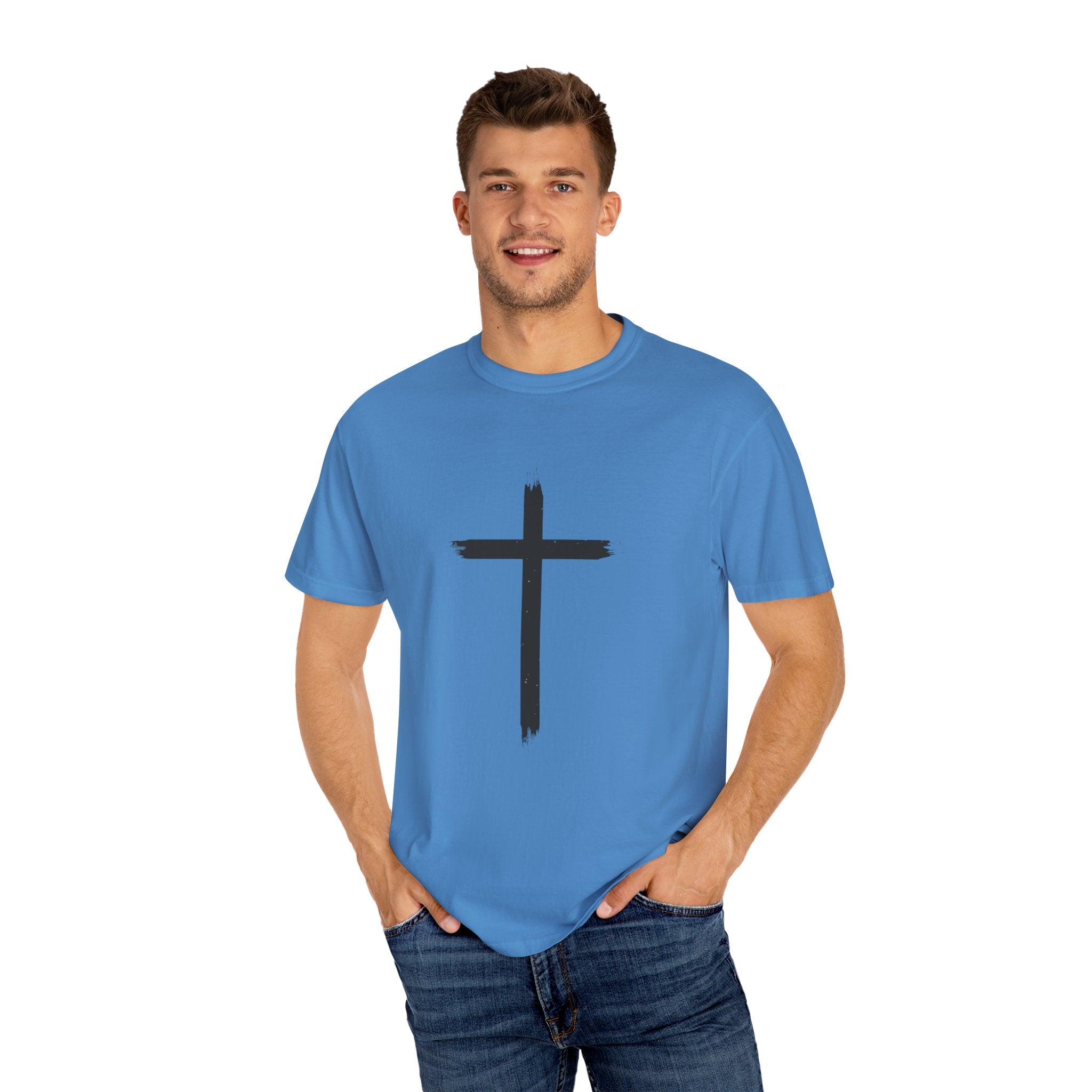 Collection of Unisex Garment-Dyed T-Shirt with Cross Design - Faith-Inspired Apparel in a gallery layout
