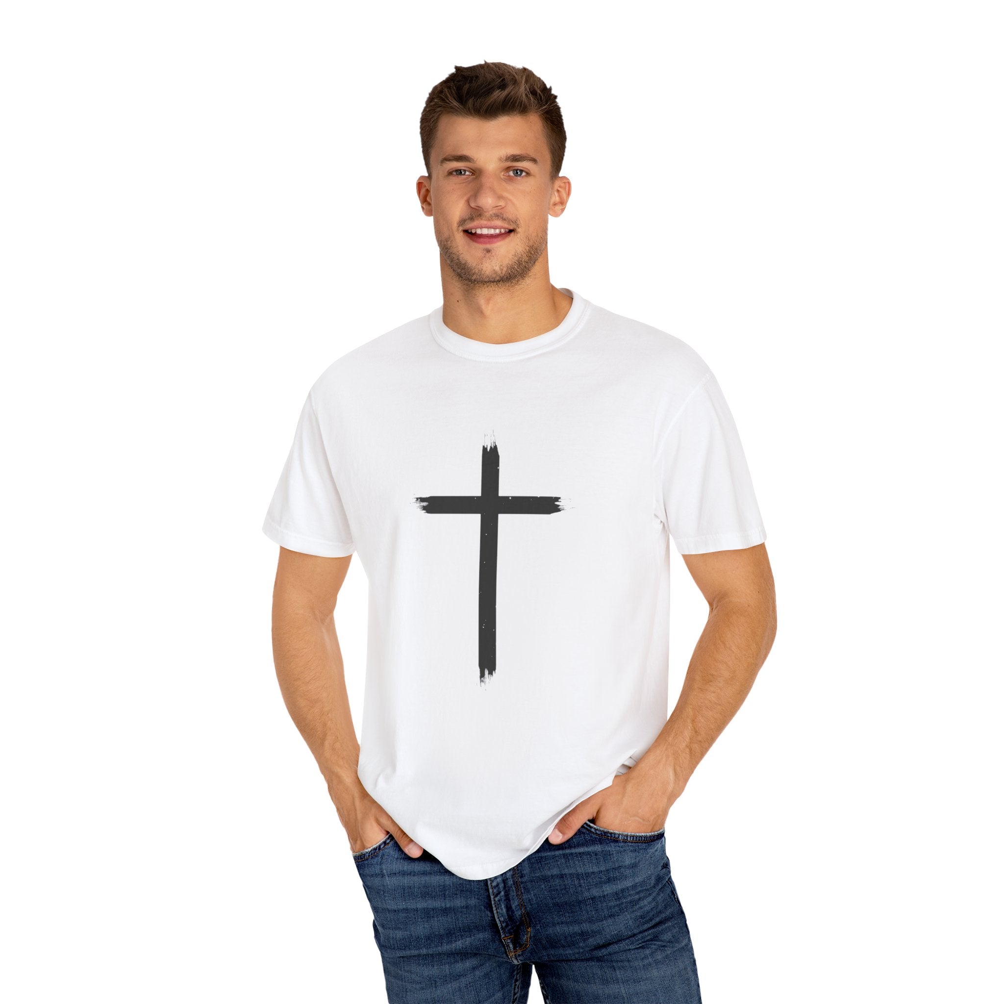 Collection of Unisex Garment-Dyed T-Shirt with Cross Design - Faith-Inspired Apparel in a gallery layout