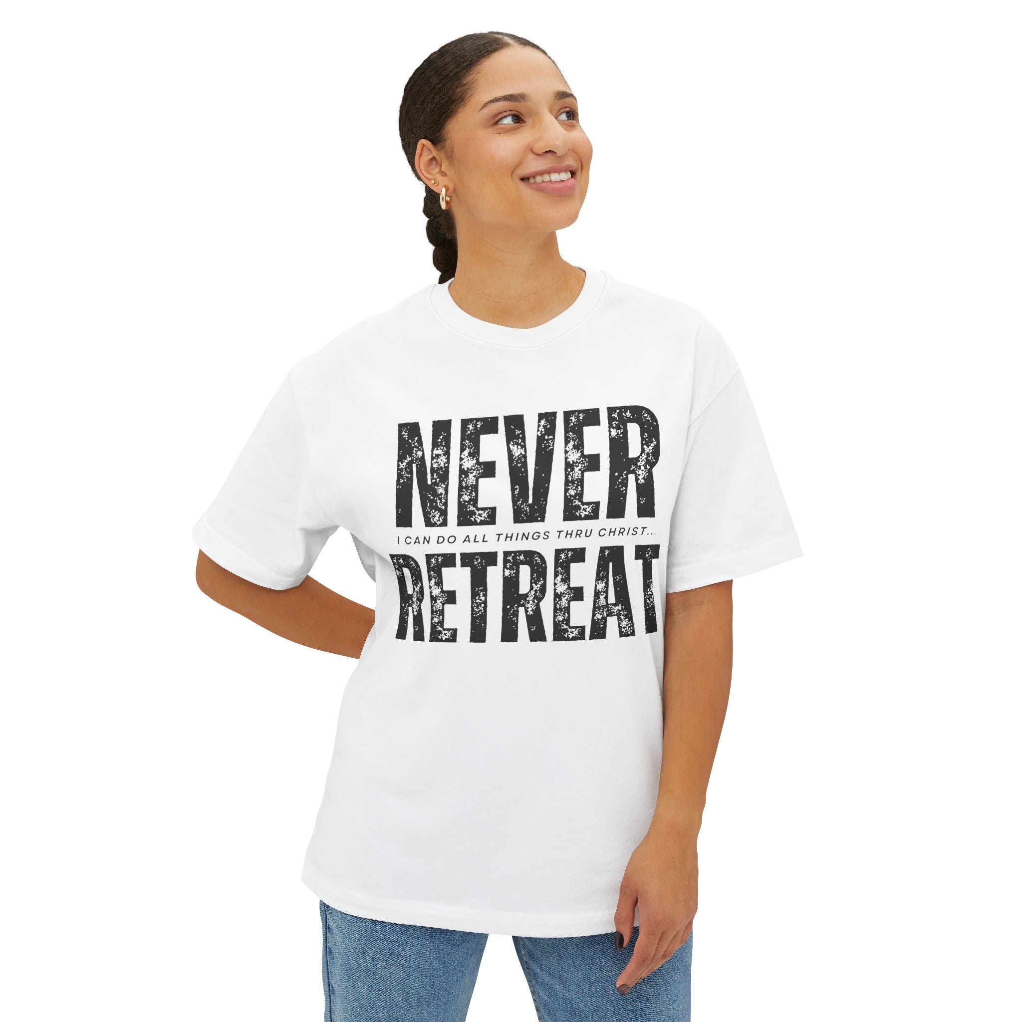 Collection of Motivational Oversized Tee - Never Retreat, Comfort Shirt, Casual Wear, Inspirational Gift, Unisex T-Shirt, Relaxed Fit in a gallery layout